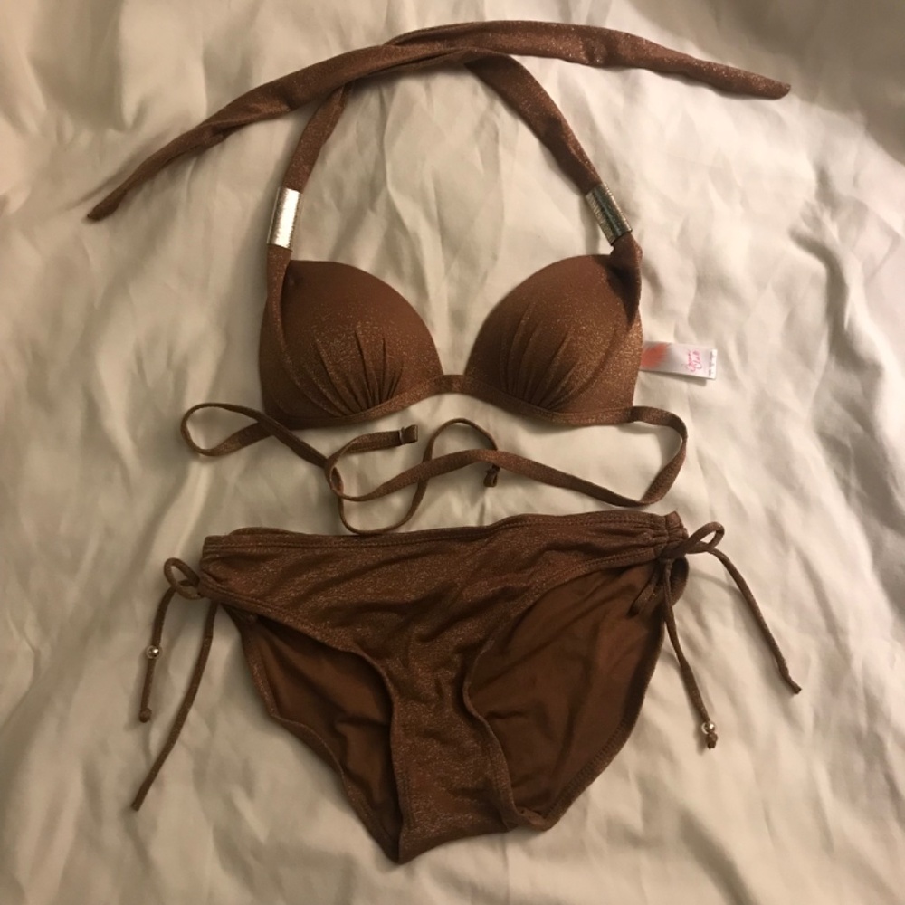 fits XS/S top and S/M bottom brown gold knit bikini (free gift)